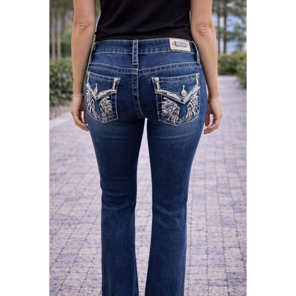 Miss Me Fleur Dark Blue Straight Leg Jeans Rhinestone Distressed Sequins 29